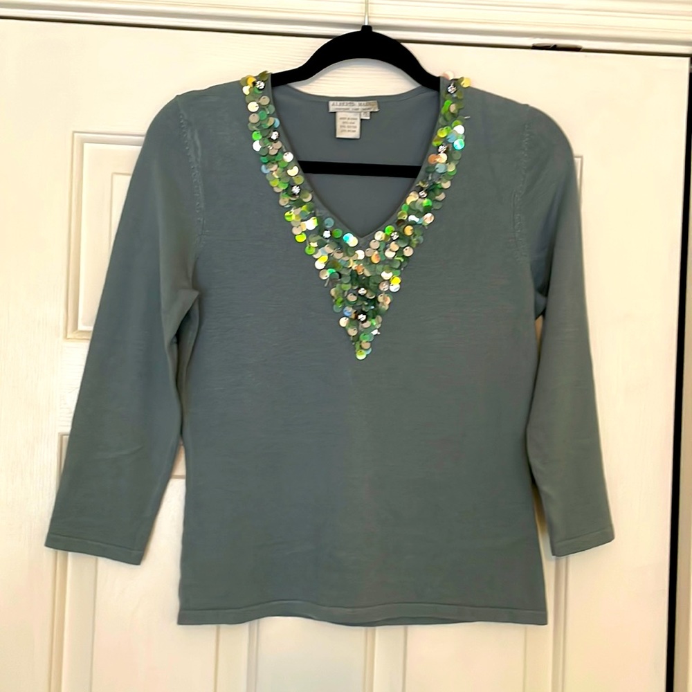 Alberto Makali Vintage Embellished Blue/Gray Lightweight Sweater